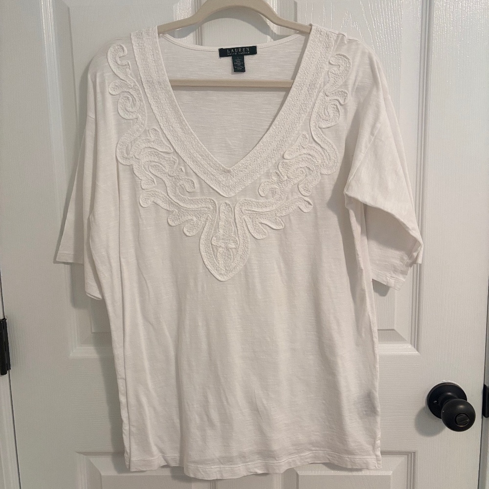 Lauren Ralph Lauren White Embroidered Cotton Top- L